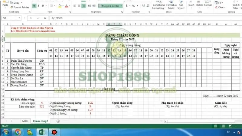 Mẫu Bảng chấm công excel hàng ngày