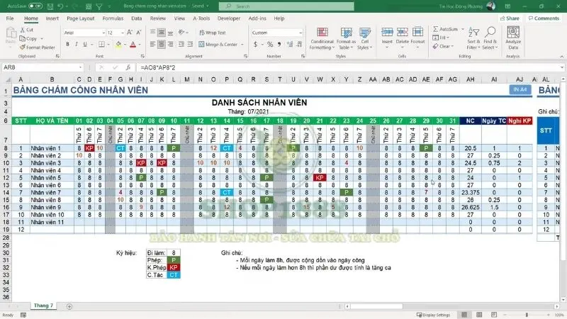 Mẫu bảng chấm công nhân viên sản xuất