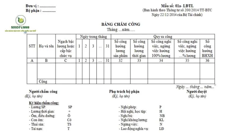 Mẫu số C01 – HD bảng chấm công