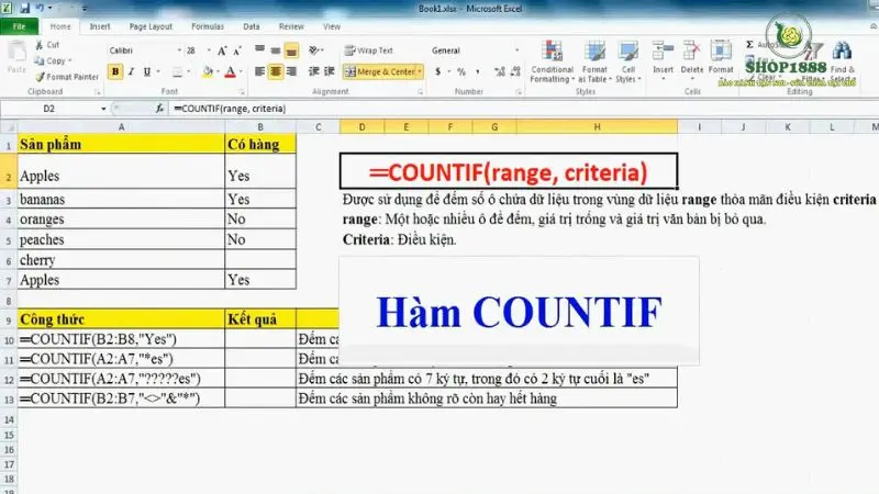 dùng hàm COUNTIF trong file Excel đếm số lần mua hàng