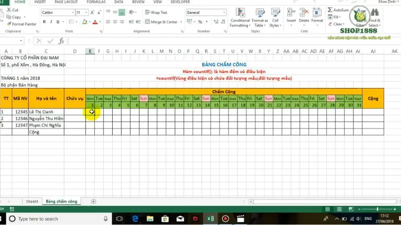 Ứng dụng hàm COUNTIF trong file Excel đếm số lần mua hàng