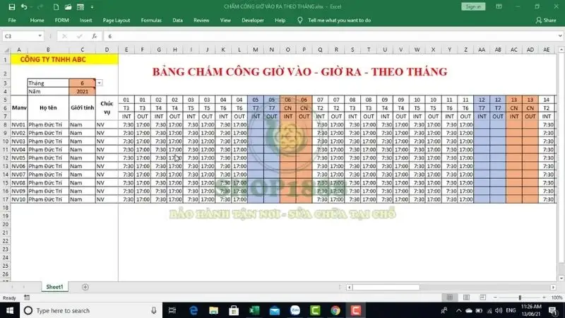 Bảng chấm công theo giờ