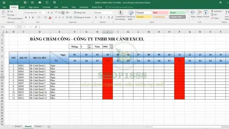 Bảng chấm công trên Excel