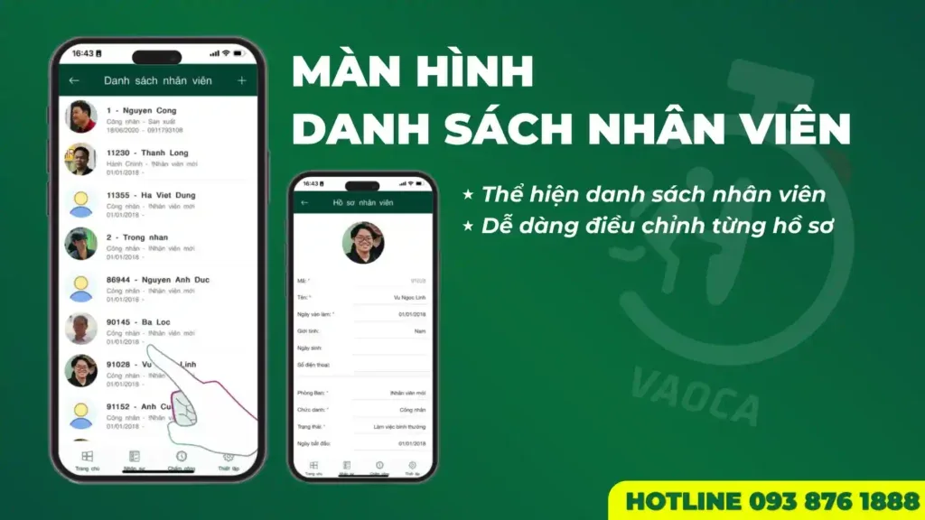 Màn hình danh sách nhân viên của ứng dụng VAOCA